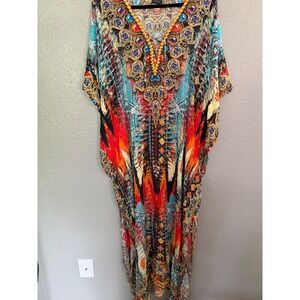 Sakkas Kaftan Maxi Dress OS Red Blue Tribal Embellished Viscose Silk Bold